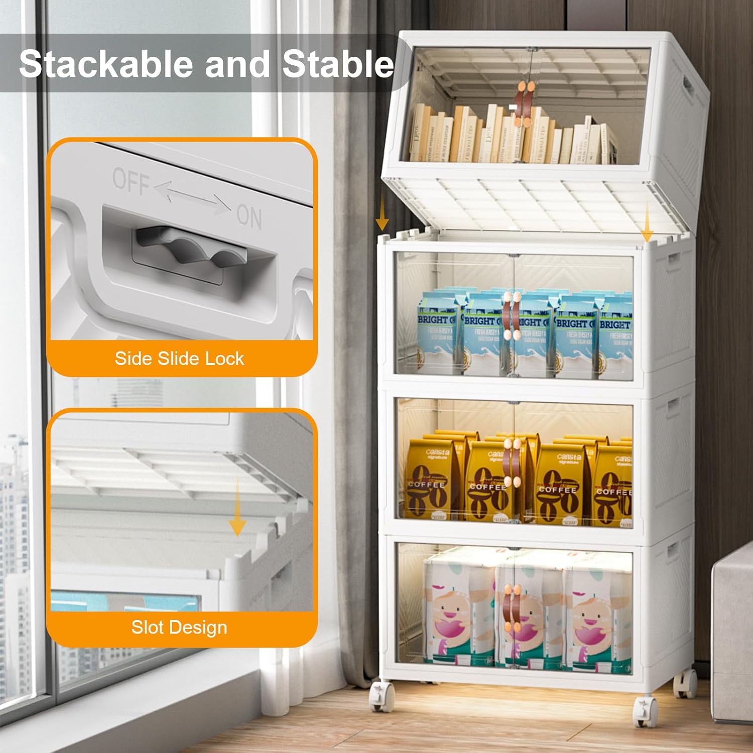 Extra Large Stackable Storage Bins with Lids & Wheels & Door, 448QT-112QT/28GAL*4Pack Foldable Collapsible Closet Organizers, Plastic containers drawers for bedroom Dorm