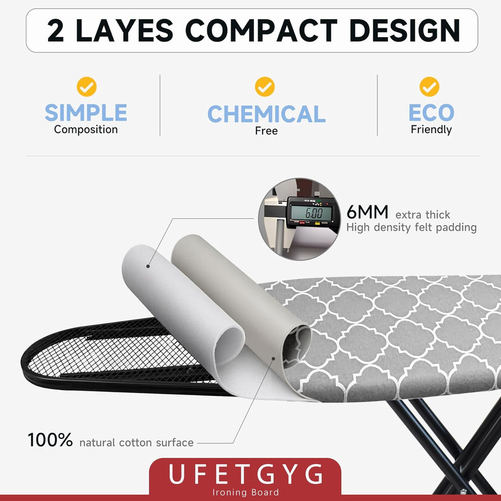 Ironing Board with Silicone Iron Rest pad,Extra Thick Cover,14x54 Compact and Space Saver Iron Board, Height Adjustable,Stable Structure, Easy to Fold, White and Gray