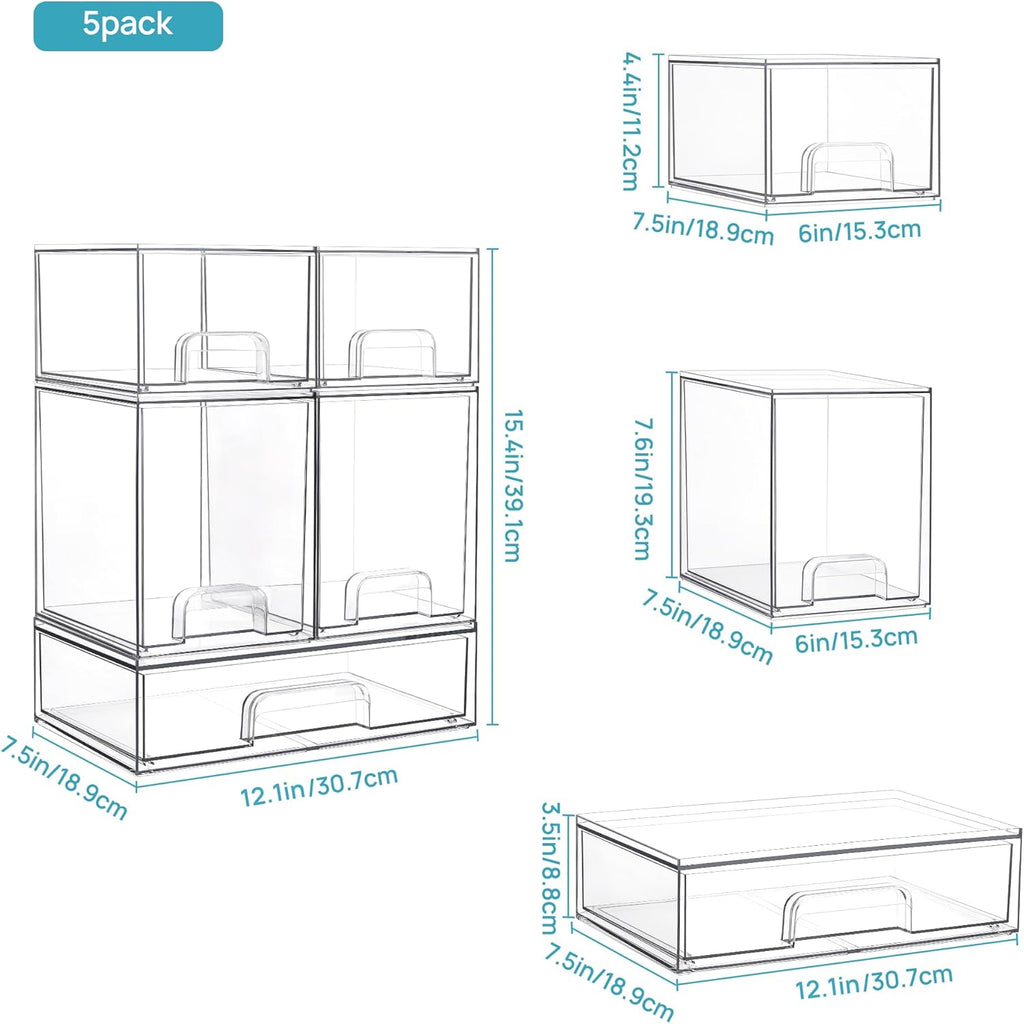 Vtopmart Stackable Storage Drawers Set of 5, Clear Plastic Organizer Bins for Beauty Supplies,Ideal for Vanity, Bathroom,Cabinet,Pantry Organization