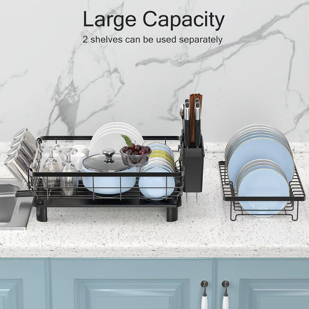 Dish Drying Rack, Space Saving & Durable, Rust-Proof Large 2 Tier Stainless Steel Dish Racks for Kitchen Counter with Cutlery & Cup Holder & Drainboard