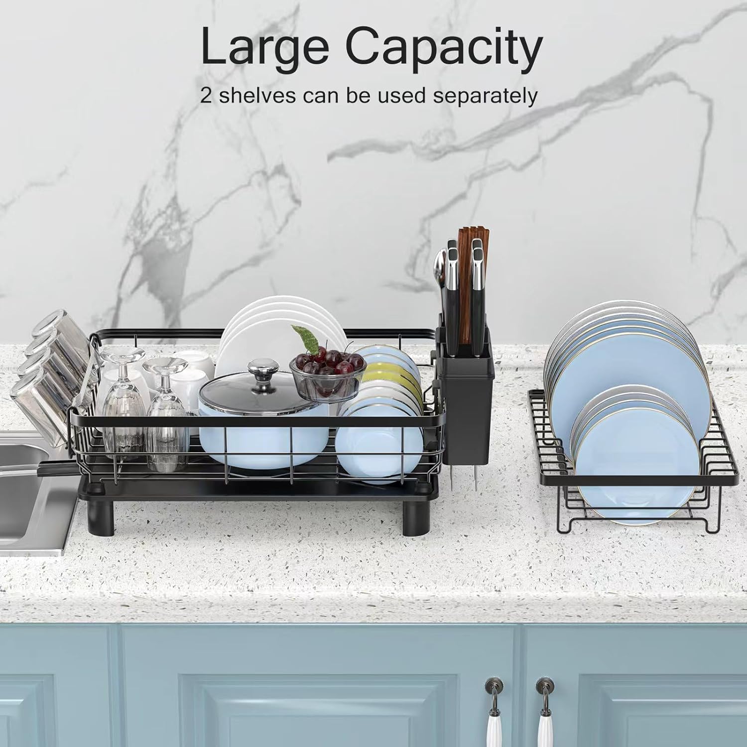 Dish Drying Rack, Space Saving & Durable, Rust-Proof Large 2 Tier Stainless Steel Dish Racks for Kitchen Counter with Cutlery & Cup Holder & Drainboard