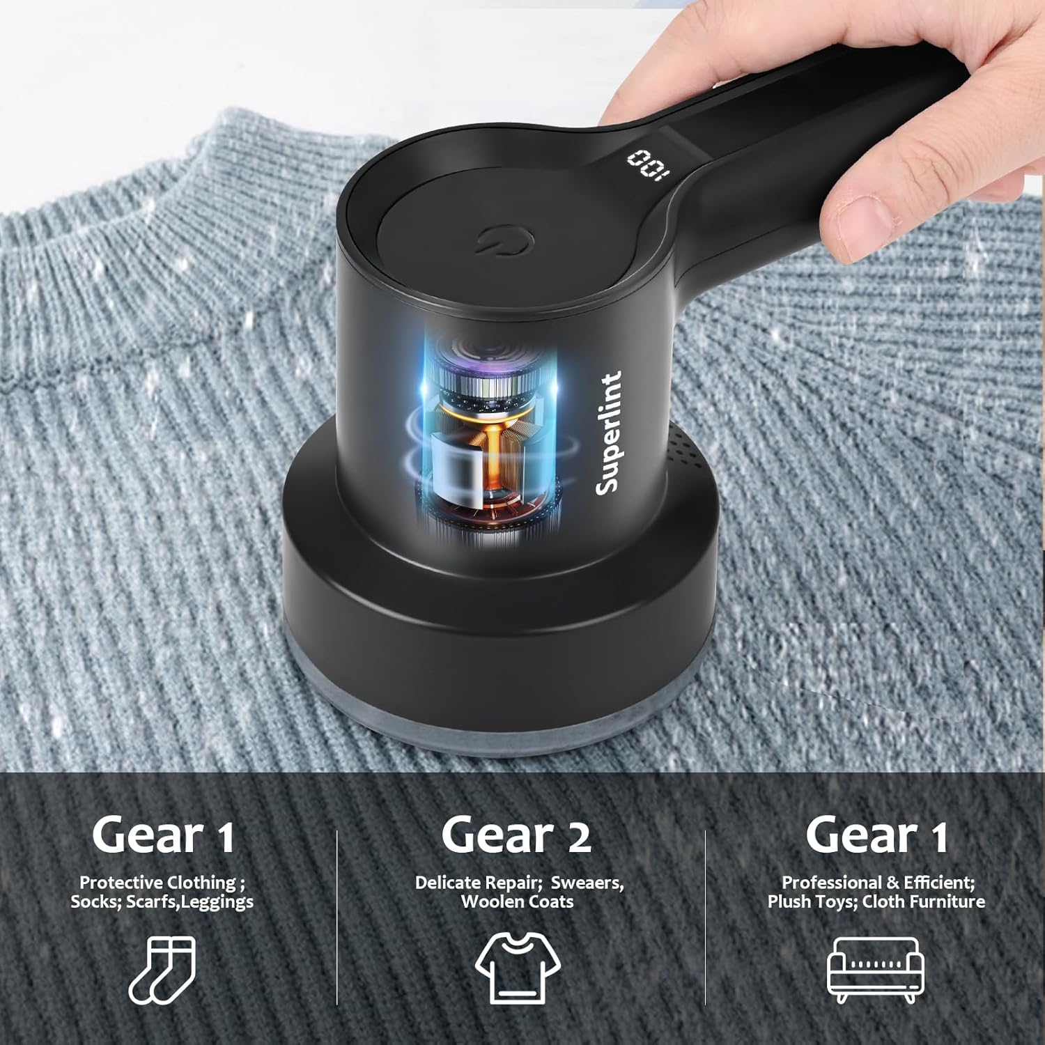 SUPER LINT Electric Fabric Shaver Electrostatic Brush, LED Display, 3-Speeds, Rechargeable Sweater Shavers to Remove Pilling for Clothing, Couch, Furniture, Black