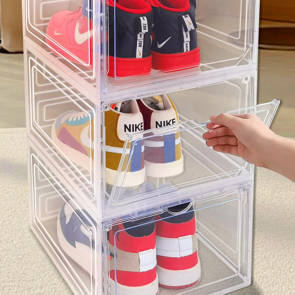 9 Pack Thicken Shoe Organizer Stackable Upgraded Sturdy Transparent Shoe Storage Box with Magnetic Door Sneaker Hats Display Case Fit Up to US Size 12, Clear
