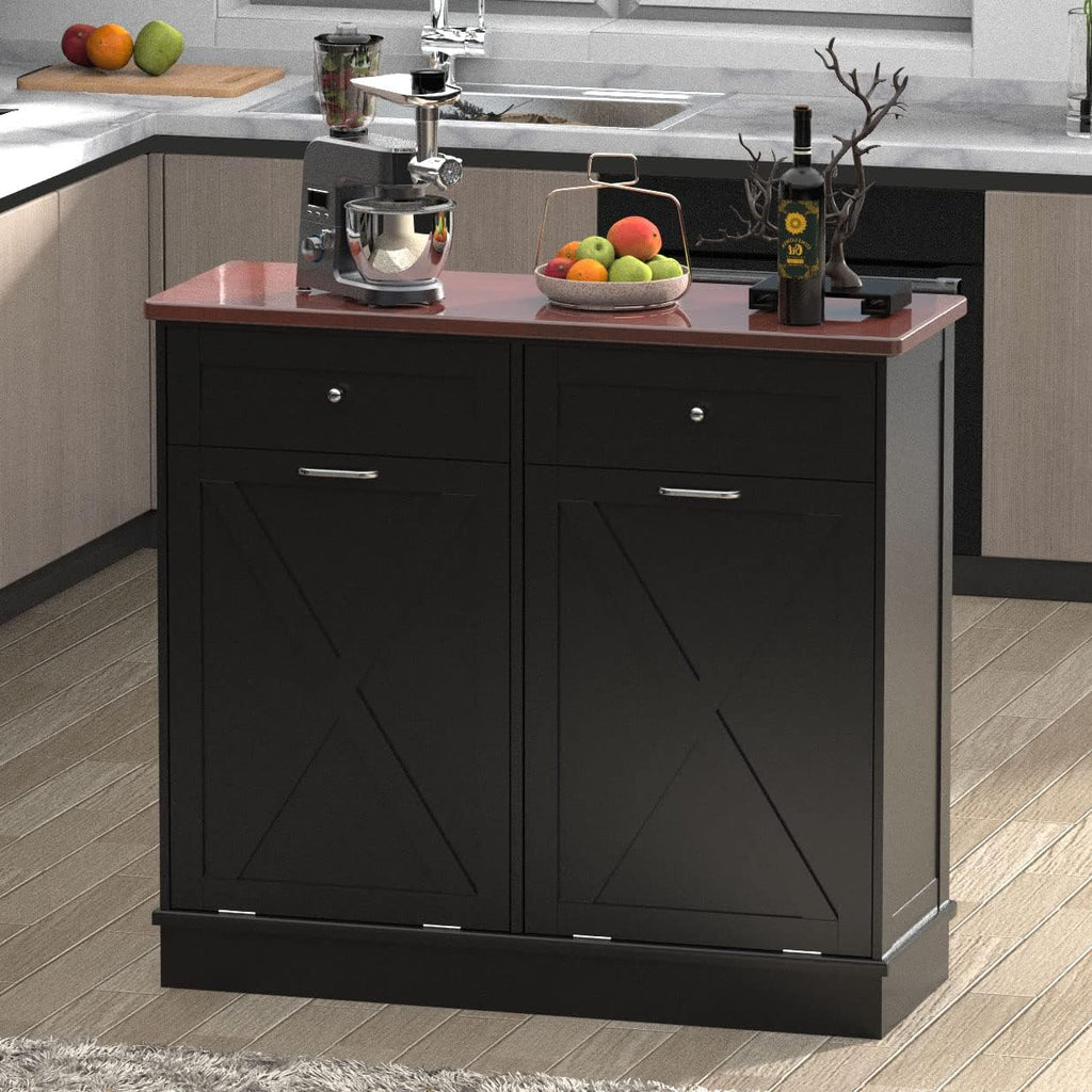 Betterhood Double Tilt Out Trash Cabinet 20 Gallon Wooden Free Standing Laundry Sorter Cabinet,Recycling Cabine with Hideaway Drawer,Tilt Out Trash Cabine Can Bin Kitchen (Black)