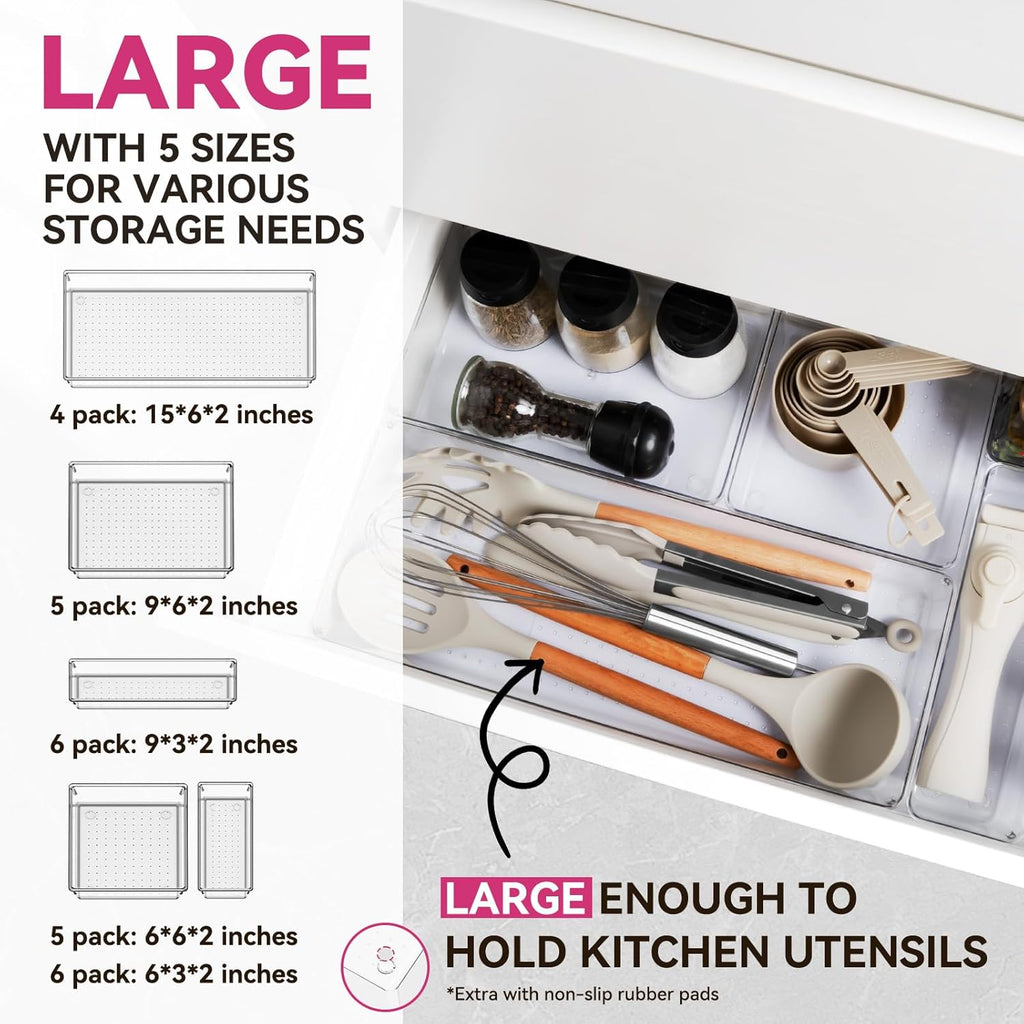 Criusia 26 Pack Large Clear Plastic Drawer Organizer Bins -5 Size Heavy Duty Acrylic Kitchen Drawer Organizers and Storage for Utensils -Bathroom Drawer Organizer Trays for Makeup Office Organization