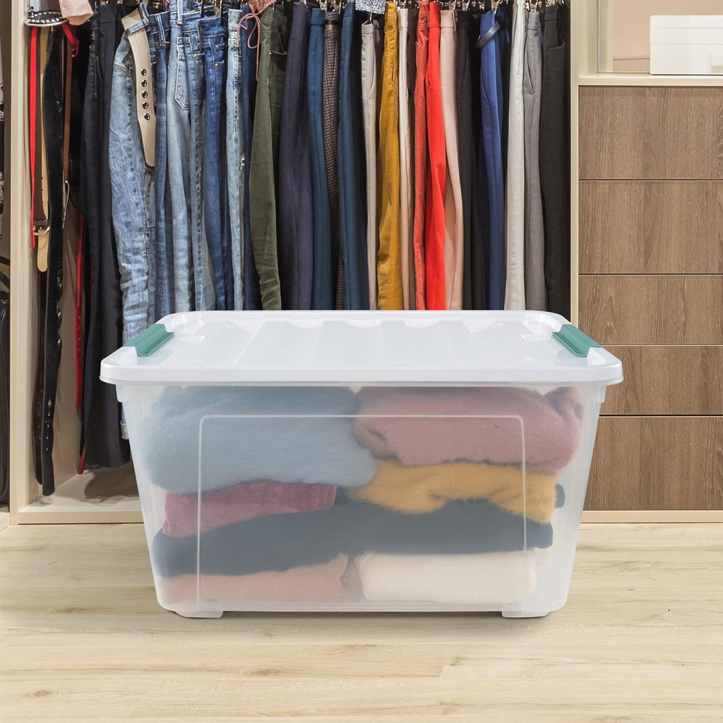 80 L Extra Large Plastic Storage Box, Clear Large Plastic Storage Bins with Wheels, 4-Pack