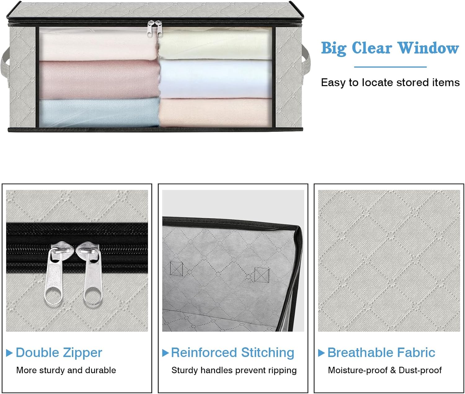 HomeHacks Storage 10-Pack Clothes Organizer Storage Bags Foldable Storage Box with Large Clear Window Sturdy Handles for Closet, Dorm, Pillows, Bedding, Clothes, Blankets, 35L, Ivory
