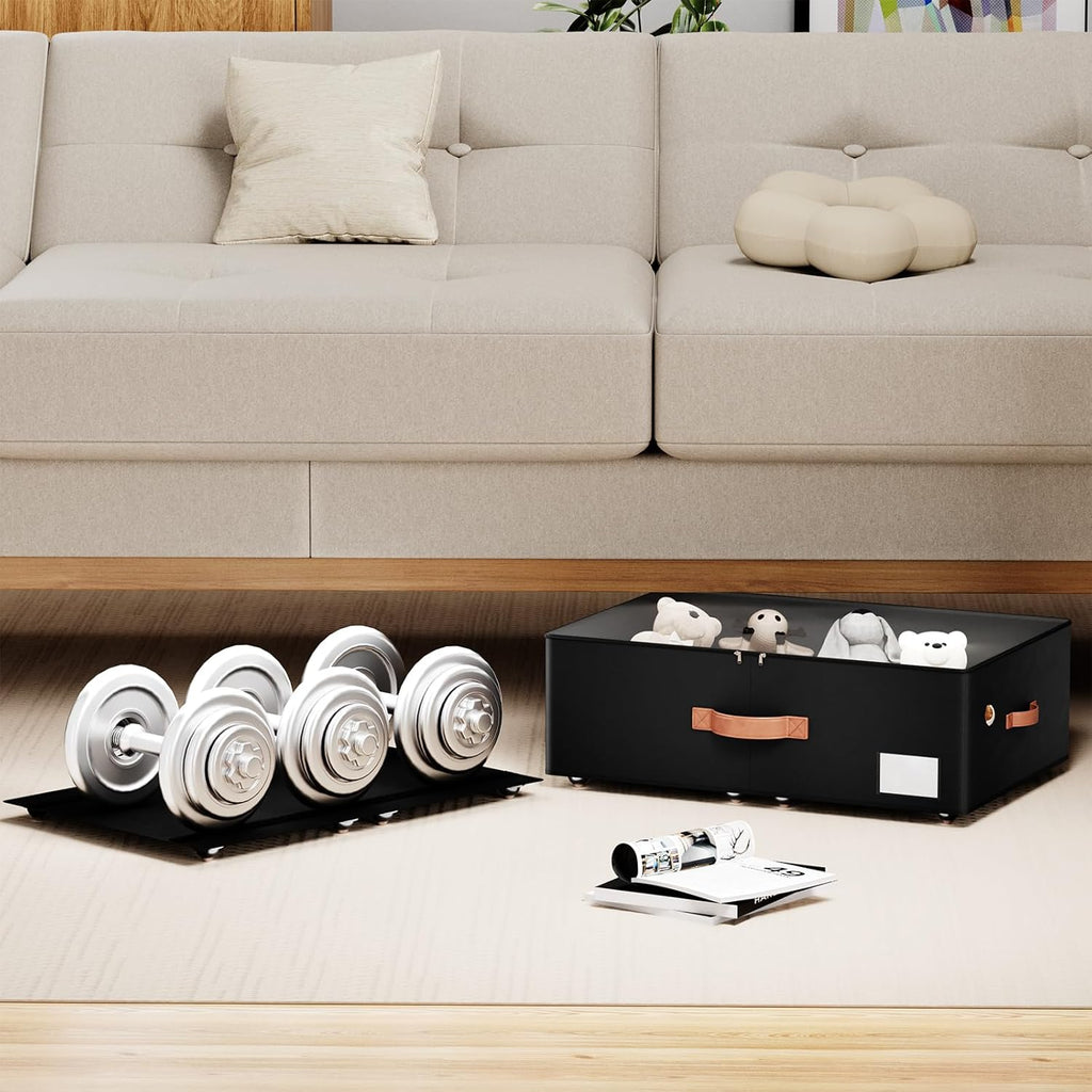 Underbed Storage With Wheels,Large Capacity 10 inches Height Storage Bins,Rolling Underbed Shoe Storage Containers,Underbed Storage Drawers for clothes & blankets (black, 10inch height)