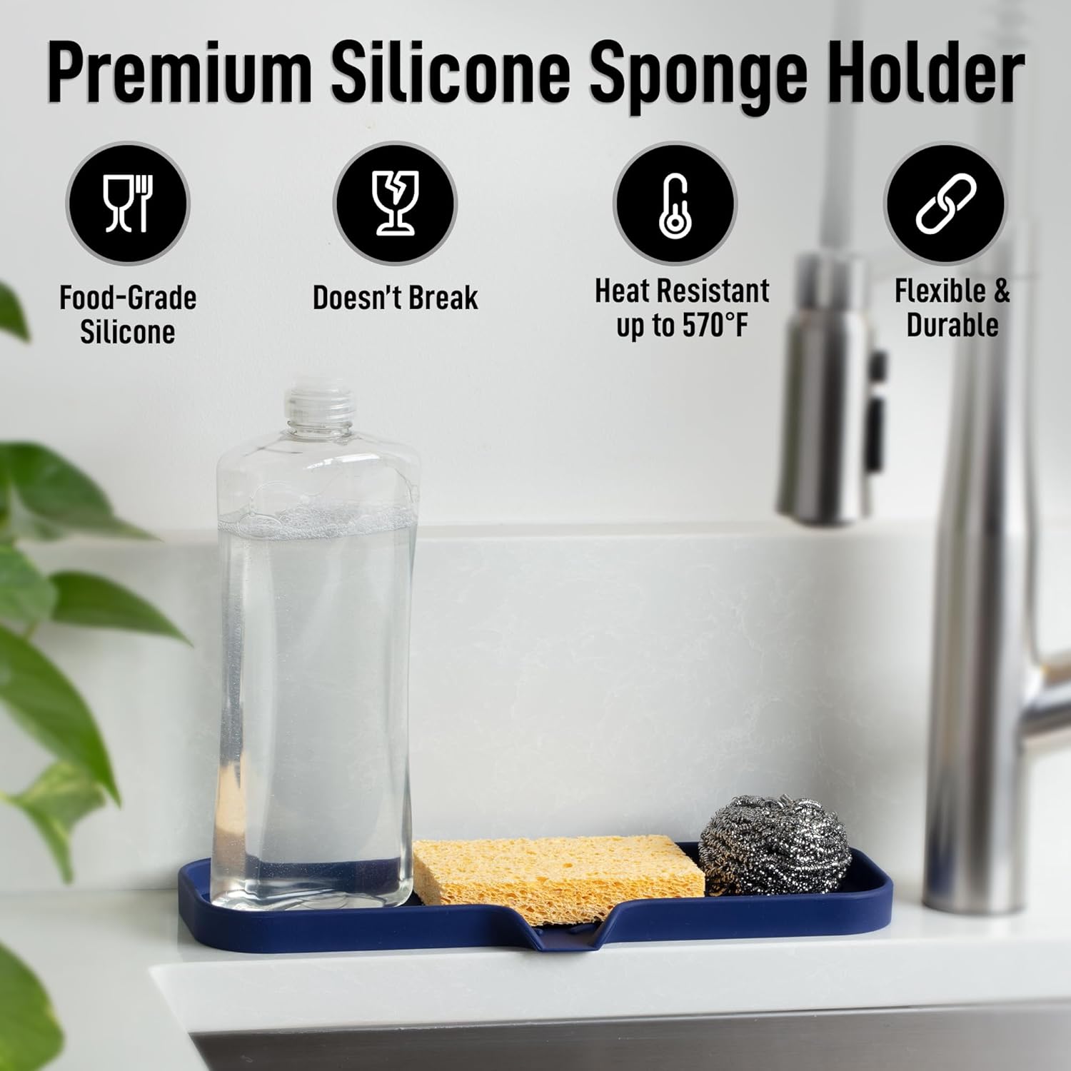 Zulay Kitchen Large Silicone Sponge Holder (12x4) – Flexible Sink Organizer Tray for Kitchen & Bathroom – Multipurpose Soap Dish for Sponges, Makeup, Trinkets & More (Dark Blue)