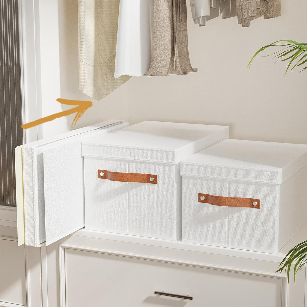 Fabric Storage Bins, Clothes Boxes for Shelves with Lids, Baskets for Organizing with Handles, Decorative Linen Closet Organizers, White, 1 Pack, 15 x 9.8 x 8.3 Inch