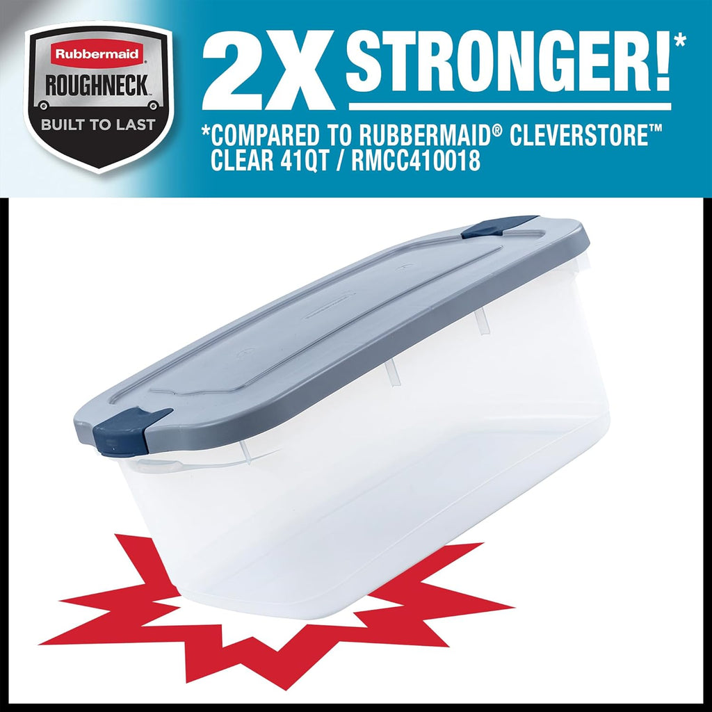 Rubbermaid Roughneck Clear 50 Qt/12 Gal Storage Containers, Pack of 5 with Latching Grey Lids, Visible Base, Sturdy and Stackable, Great for Storage and Organization