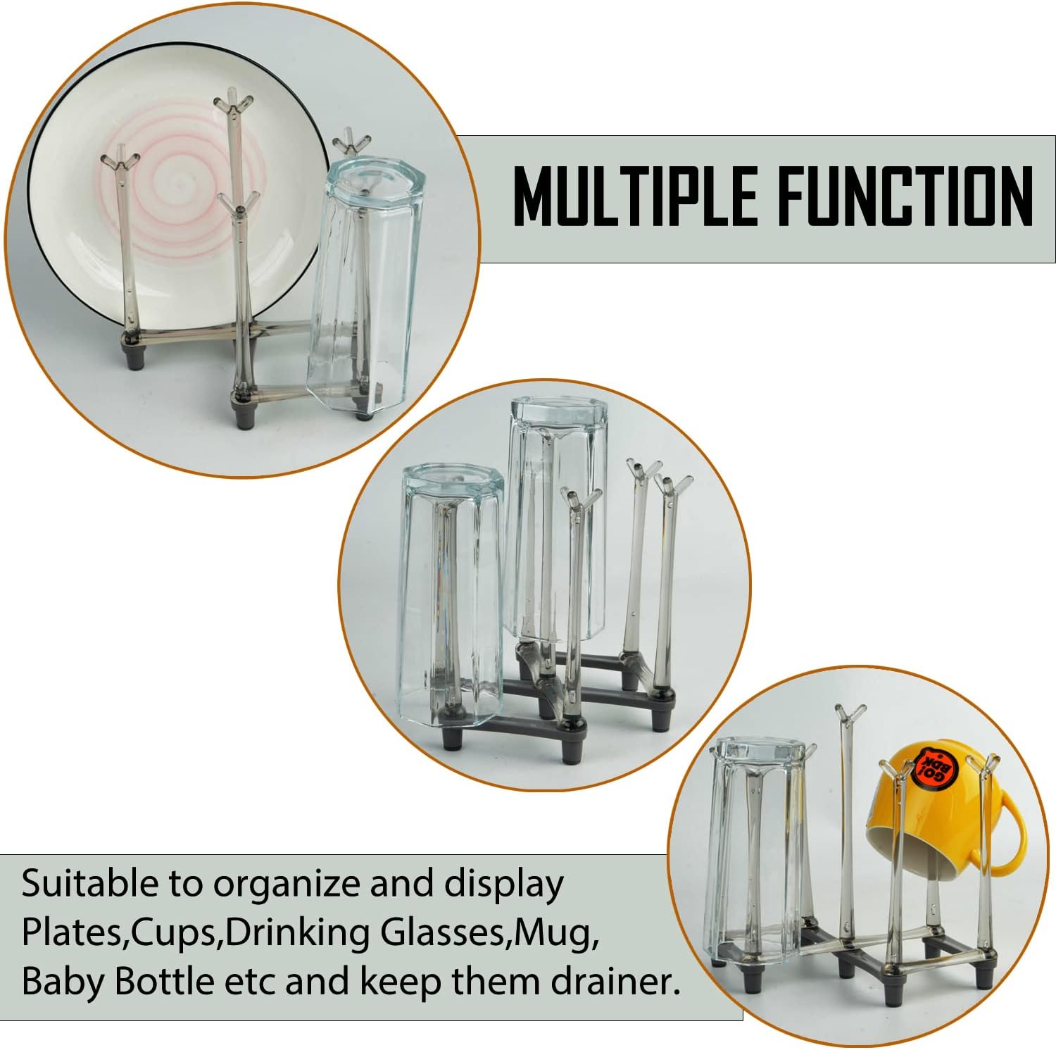2 Pcs Cup Drying Racks Set, Retractable Drinking Glass & Baby Bottle Drainer Stand, PP Material Mug Draining Organizer, Kitchen Countertop Dishes Holder, Gray