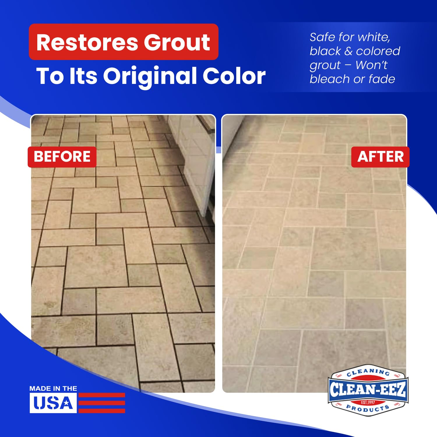 Clean-eez Grout-eez Tile Cleaner with Stand-Up Brush Head – 32 oz Heavy-Duty Stain Remover for Ceramic and Porcelain Floors – Safe for Colored Grout – Not for Natural Stone – Pole Not Included