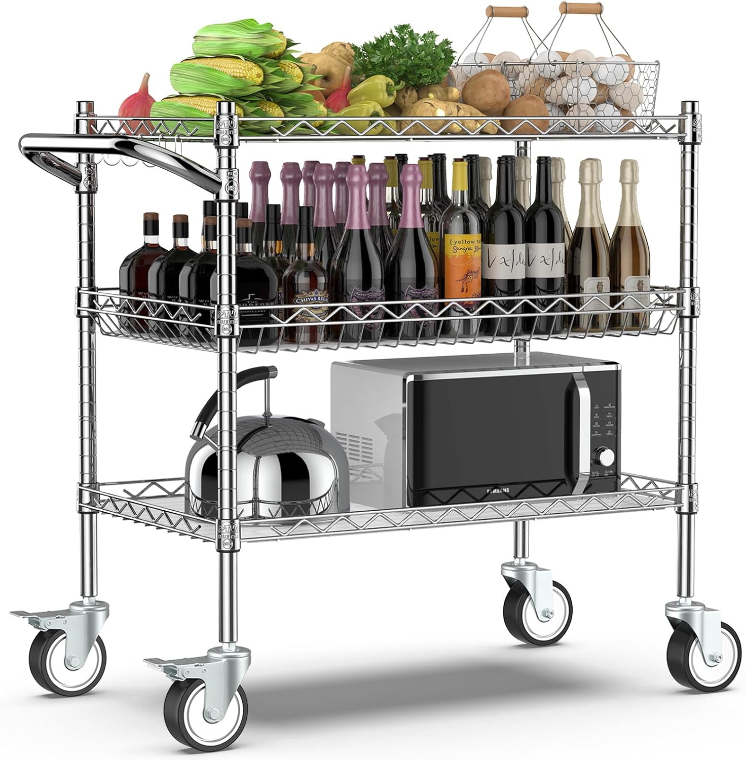 Leteuke Heavy Duty 3 Tier Rolling Utility Cart,NSF Certified 990Lbs Capacity Rolling Carts with Wheels,Commercial Grade Metal Cart with Handle Bar & Shelf Liner,Trolley Serving Cart for Kitchen,Chrome
