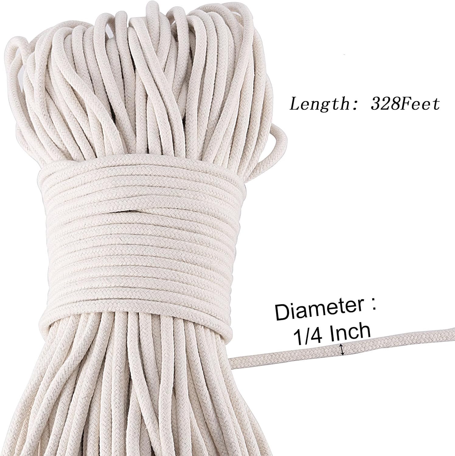 328 Feet 1/4 Inch White Natural Cotton Rope, Cotton Clothesline Rope, All-Purpose Craft Rope for Clothes Hanger, Garden Flower Potted Plants, Laundry Line Dryer