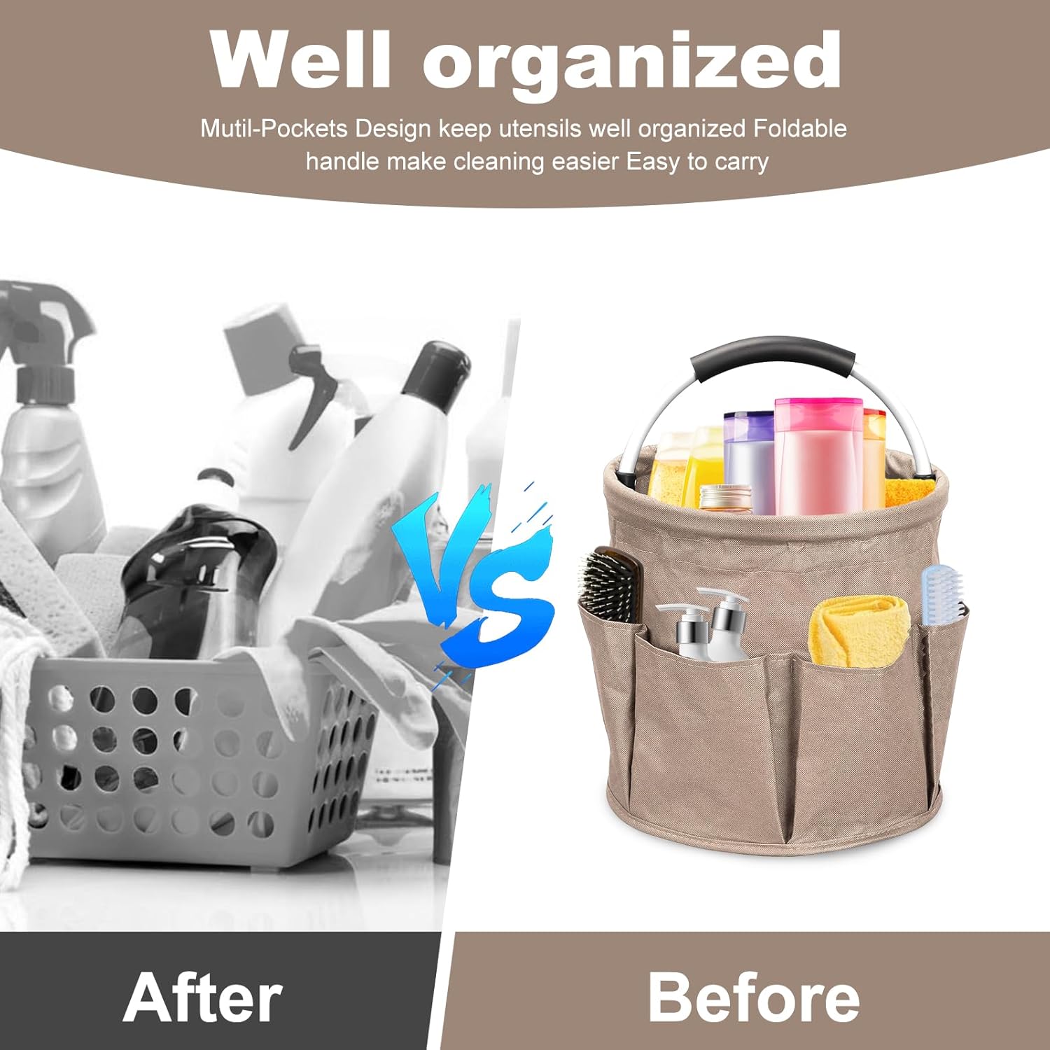 Qivine 17L Cleaning Caddy with Handle, Cleaning Supply Caddy Foldable Cleaning Caddy Cleaning Products Organizers Portable Cleaning Bucket Organiser for Storing Towels (Khaki)