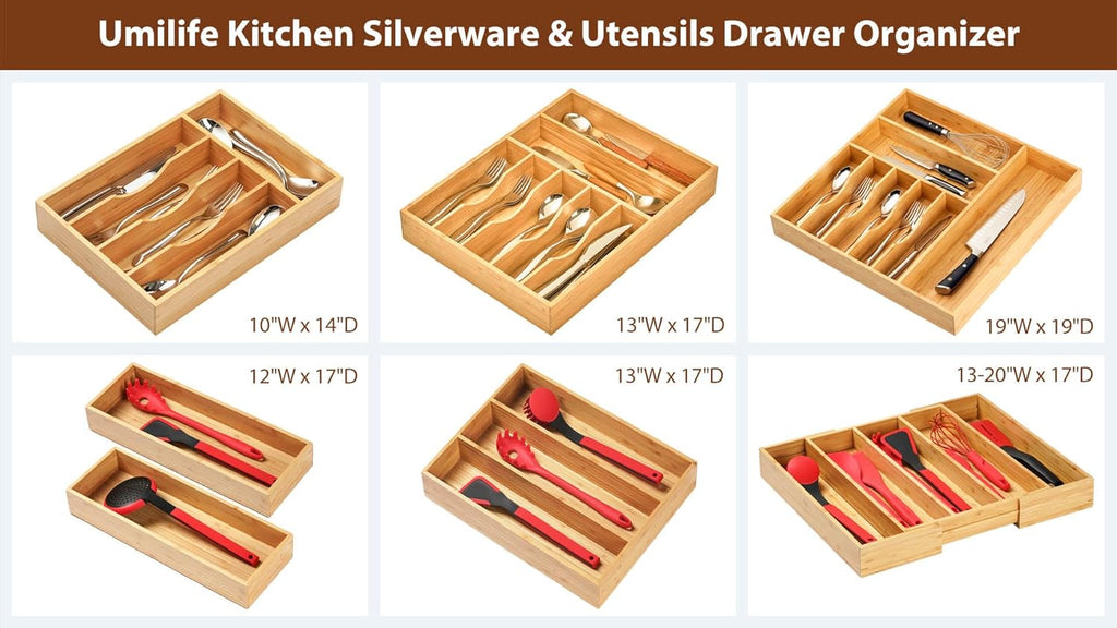 Umilife Bamboo Kitchen Drawer Organizer, 8 Inch Silverware Utensils Tray Holder for Small Drawer, Wood Caddy for Flatware Cutlery Knives