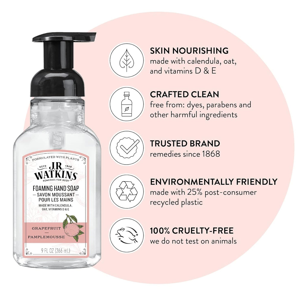 J.R. Watkins Foaming Hand Soap Pump with Dispenser, Moisturizing All Natural Hand Soap Foam, Alcohol-Free, Cruelty-Free, USA Made, Use as Kitchen or Bathroom Soap, Grapefruit, 9 fl oz, 6 Pack