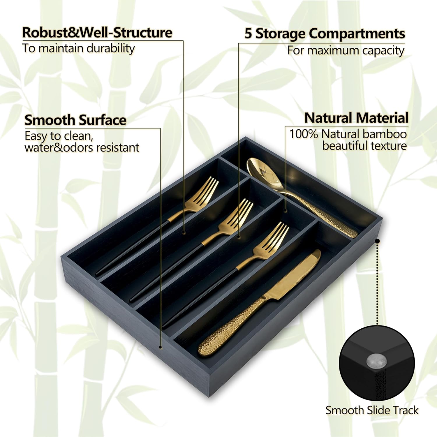 Silverware Organizer, 10 Inch Utensil Organizer Kitchen Drawer Organizer Bamboo Silverware Holder Cutlery Tray Organizer in Drawer Flatware Organizer Tray(5 slots, Black）