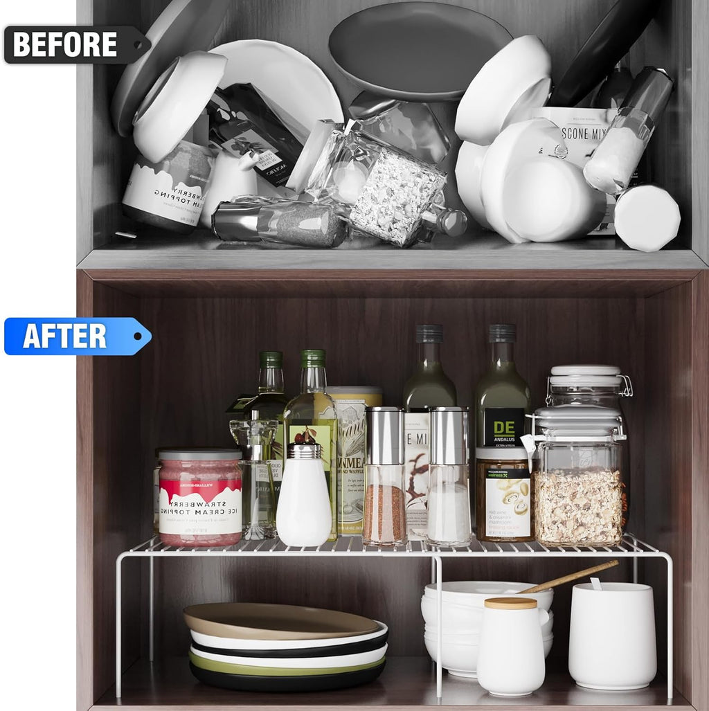 Expandable Storage Shelf, Pantry Organizers and Storage, Adjustable Rustproof Metal Wire Spice Rack, Space Saver Kitchen Storage Shelves for Pan, Pot, Countertop, Drawer, Fridge, Set of 4, White