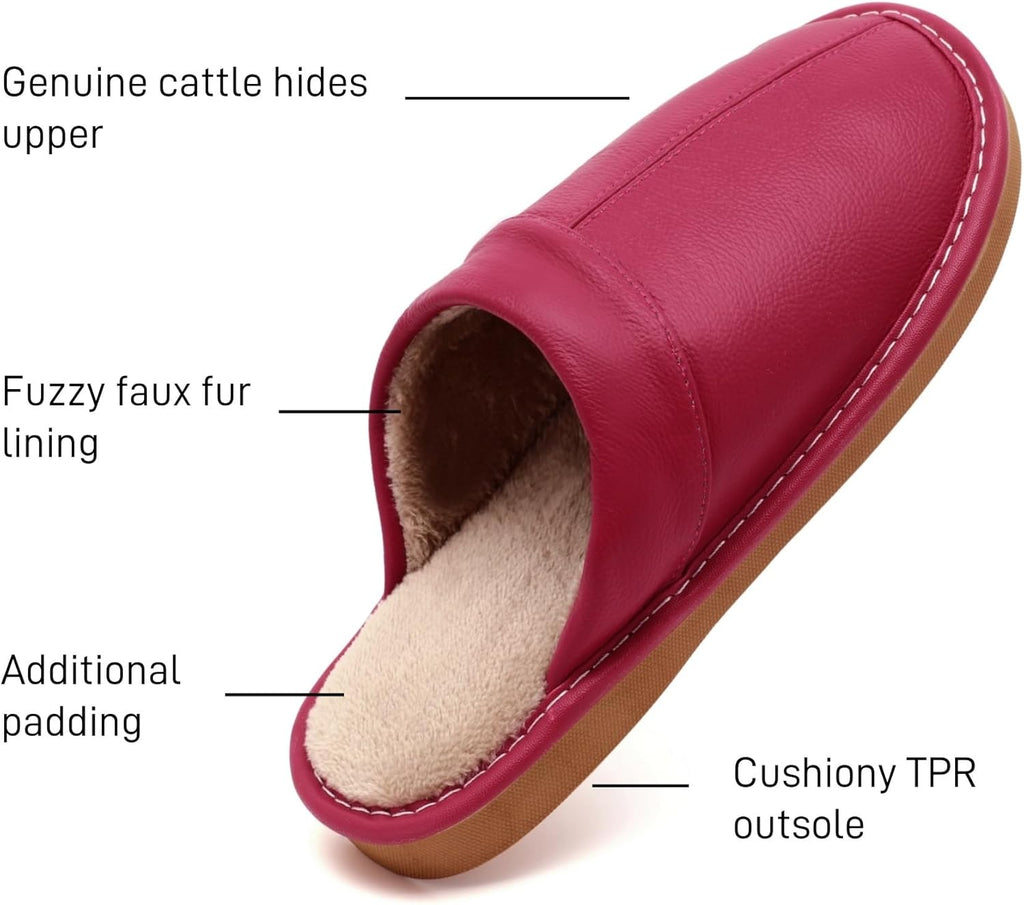 Slippers for Women Men, Genuine Leather Slippers Indoor Outdoor, Fuzzy Bedroom House Shoes for Women Men, Plush Lining Womens Sandals Slip-on