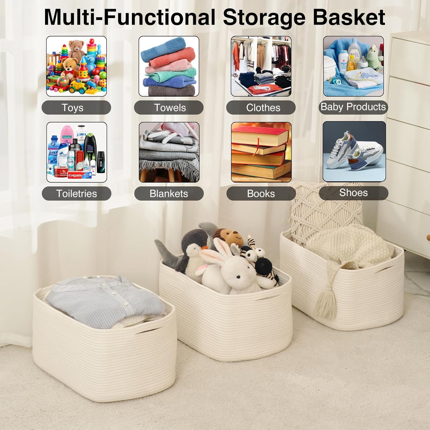 Large Storage Baskets for Organizing Shelves, Woven Cotton Rope Bins for Baby Nursery Organization, Book Toy Towel Organizer, 17"x13"x9.5", 3 Packs, Off White