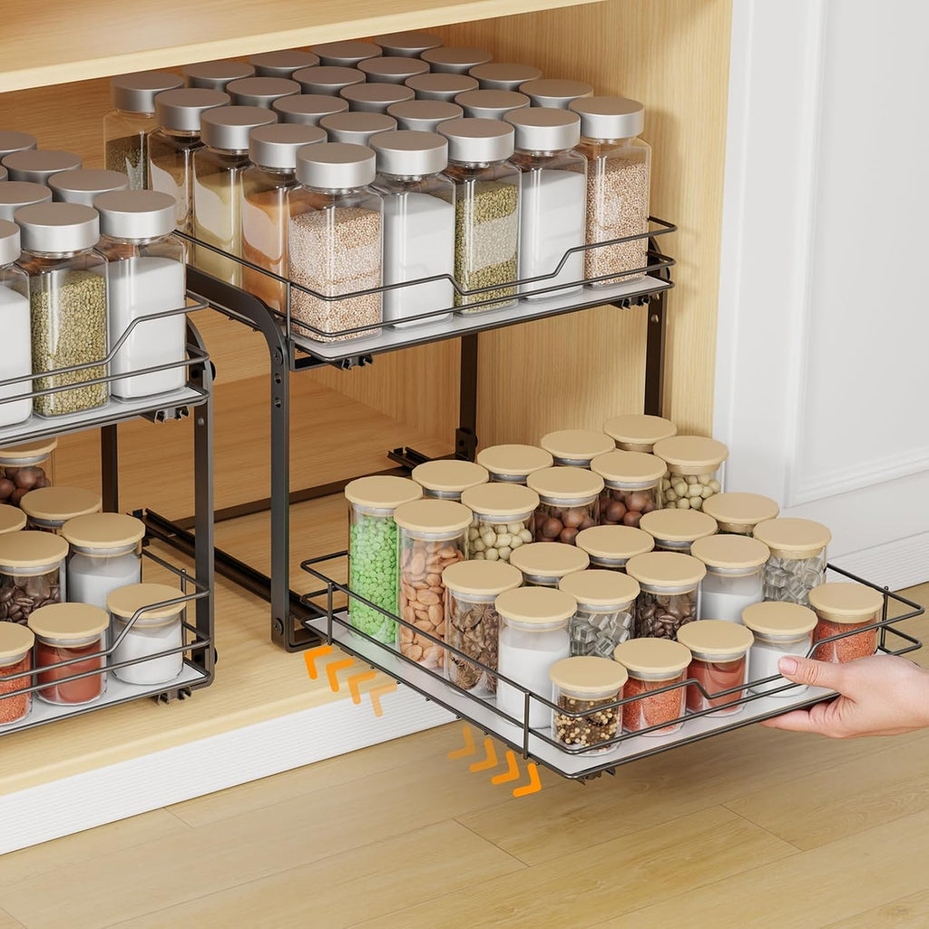 Spice Rack Organizer for Cabinet, 2 Tier Pull Out Spice Rack – Heavy Duty Metal Spice Organization for Cabinet, 50-Jar Capacity, Height Adjustable Cabinet Organizer (11.5W" X 10.5"D X 9"H, Black)