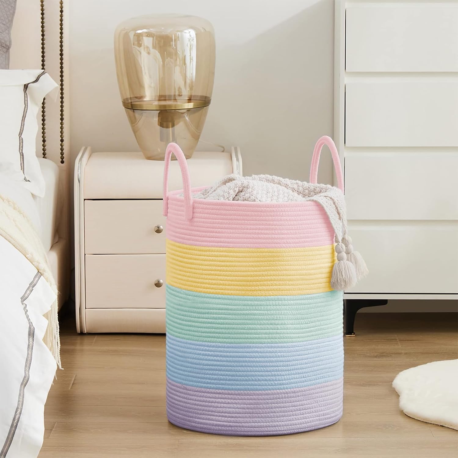 YOUDENOVA Laundry Hamper Basket, Woven 58L Tall Laundry Basket for Blanket Organizer- Clothes Hamper Baby Nursery Hamper for Blanket Storage in Bedroom