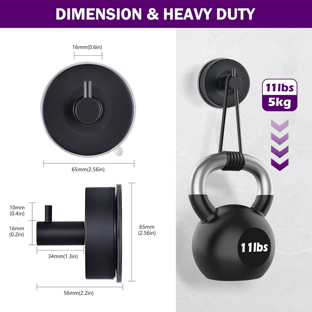 JOMOLA Stainless Steel Bathroom Suction Hooks - No Drill Adhesive-Free Wall Mount for Shower, Towel & Robe, Rustproof Metal Hardware with Damage-Free Grip, Matte Black (2-Pack)