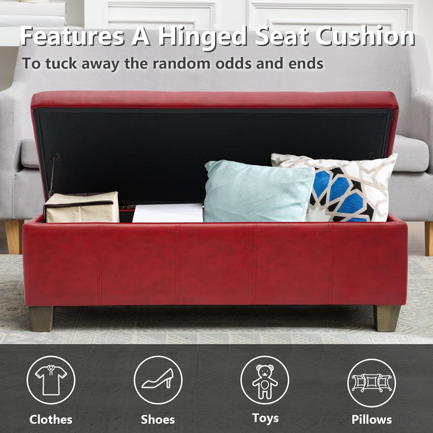 Faux Leather Ottoman with Storage, Rectangular Extra Long Storage Bench for Bedroom and Living Room, Midnight Red