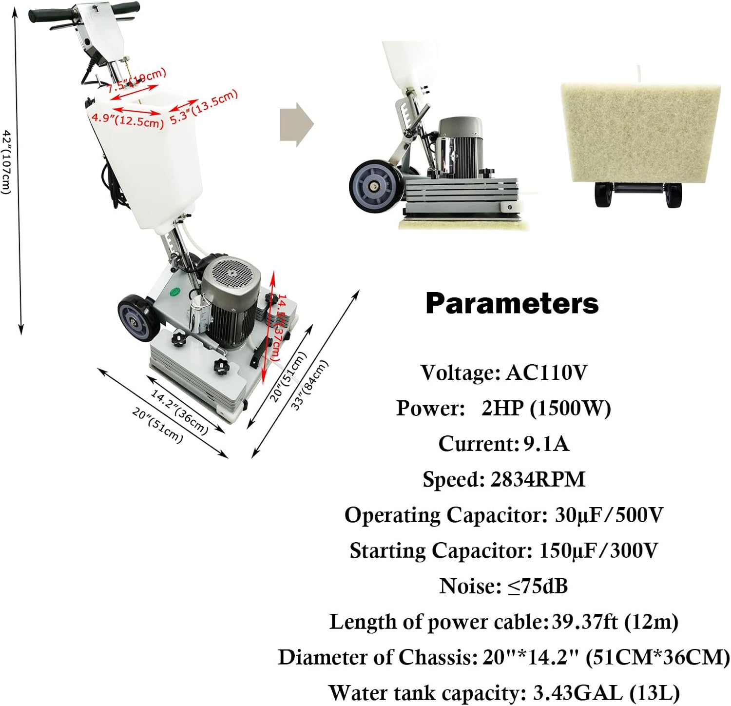 Floor Grinding Machine & Polisher - 3.43Gal Scrubber, 2834RPM, Commercial & Industrial Square Chassis, Multi-functional, 110V