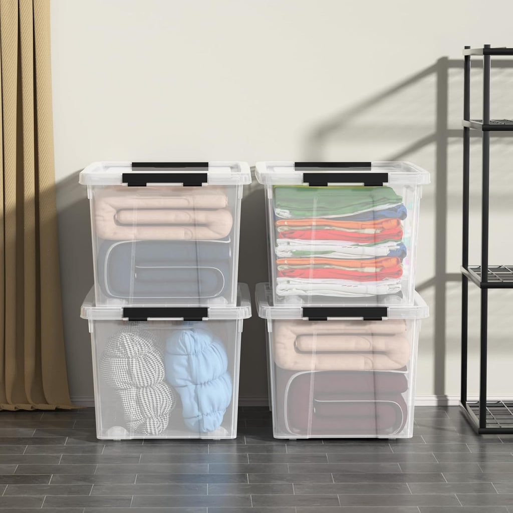4 Pack Large Clear Plastic Storage Bins with Latching Lids, 50 Quart Plastic Storage Container with Wheels, Clear