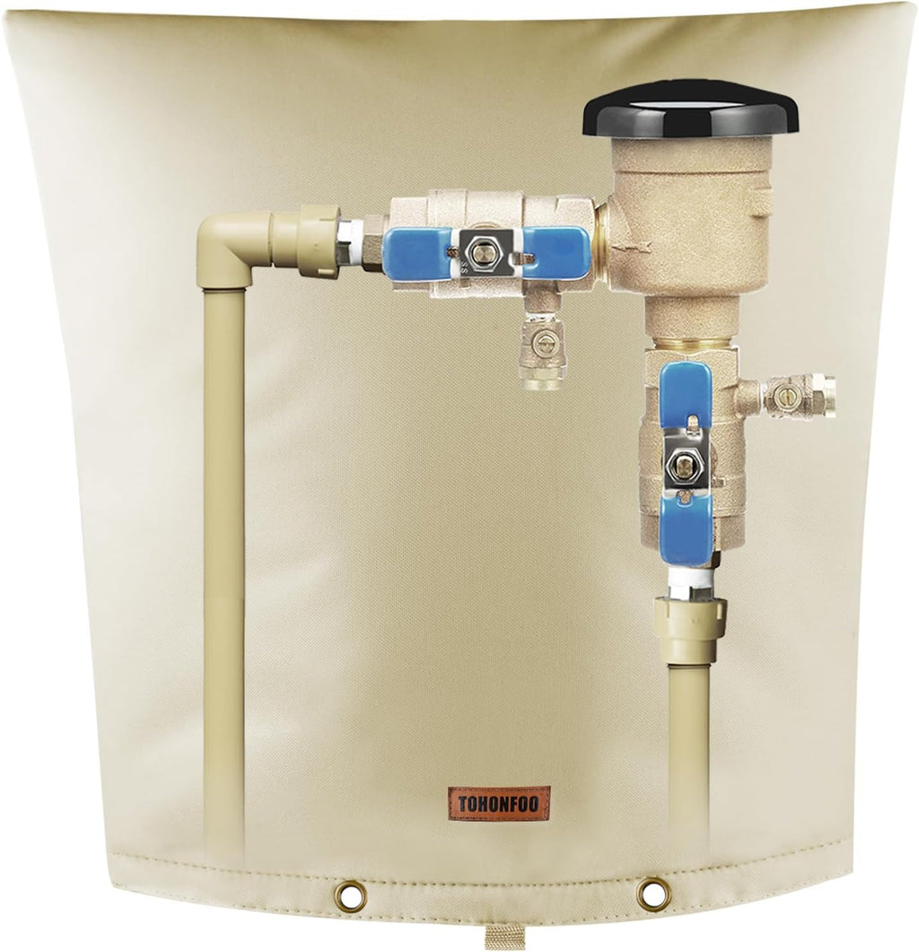 TOHONFOO Backflow Preventer Pipe Insulation Cover (5°F) - Irrigation Sprinkler Valve Insulated Pouch - Water Well Pump Cover - Sturdy 5 Layers for Winter Freeze Protection, 24" W x 26" H, Beige