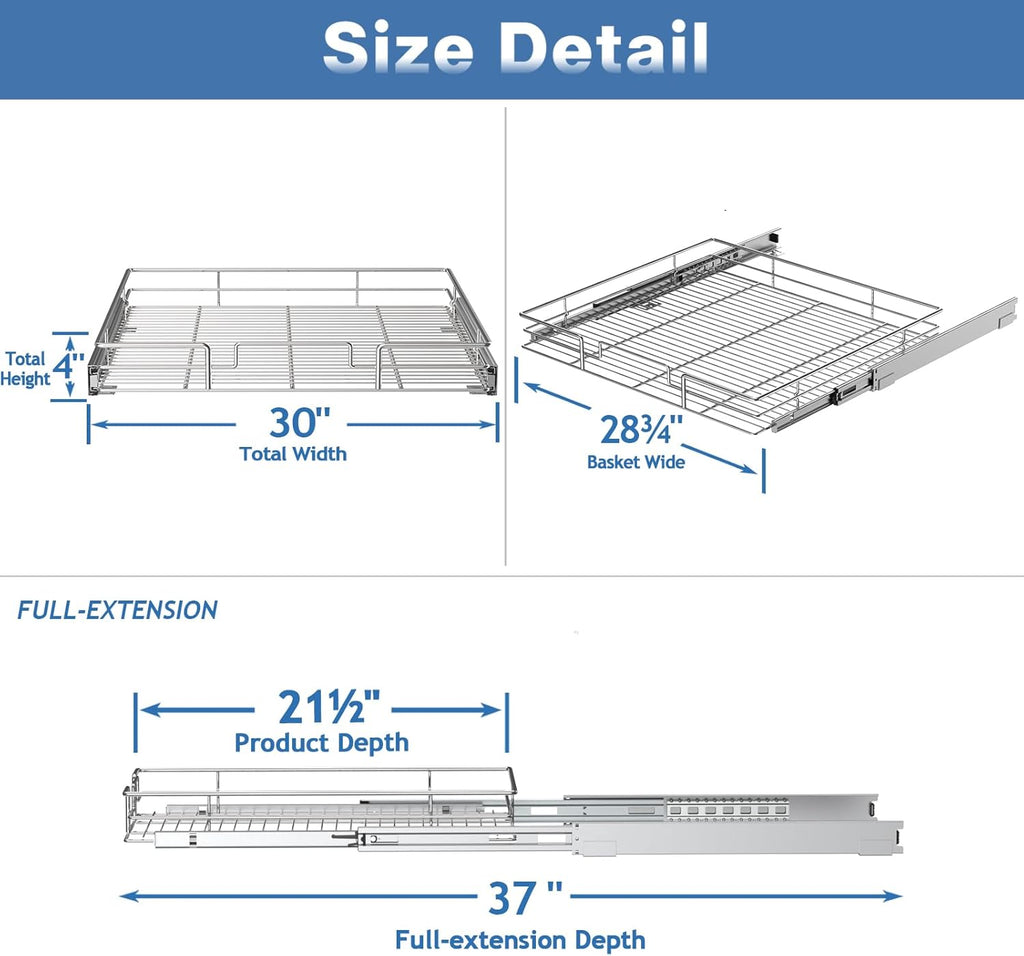 Pull Out Cabinet Organizer 30" W x 21½" D, Heavy Duty Cabinet Pull Out Shelves, Slide Out Drawers Organization for Kitchen Cabinets Bathroom