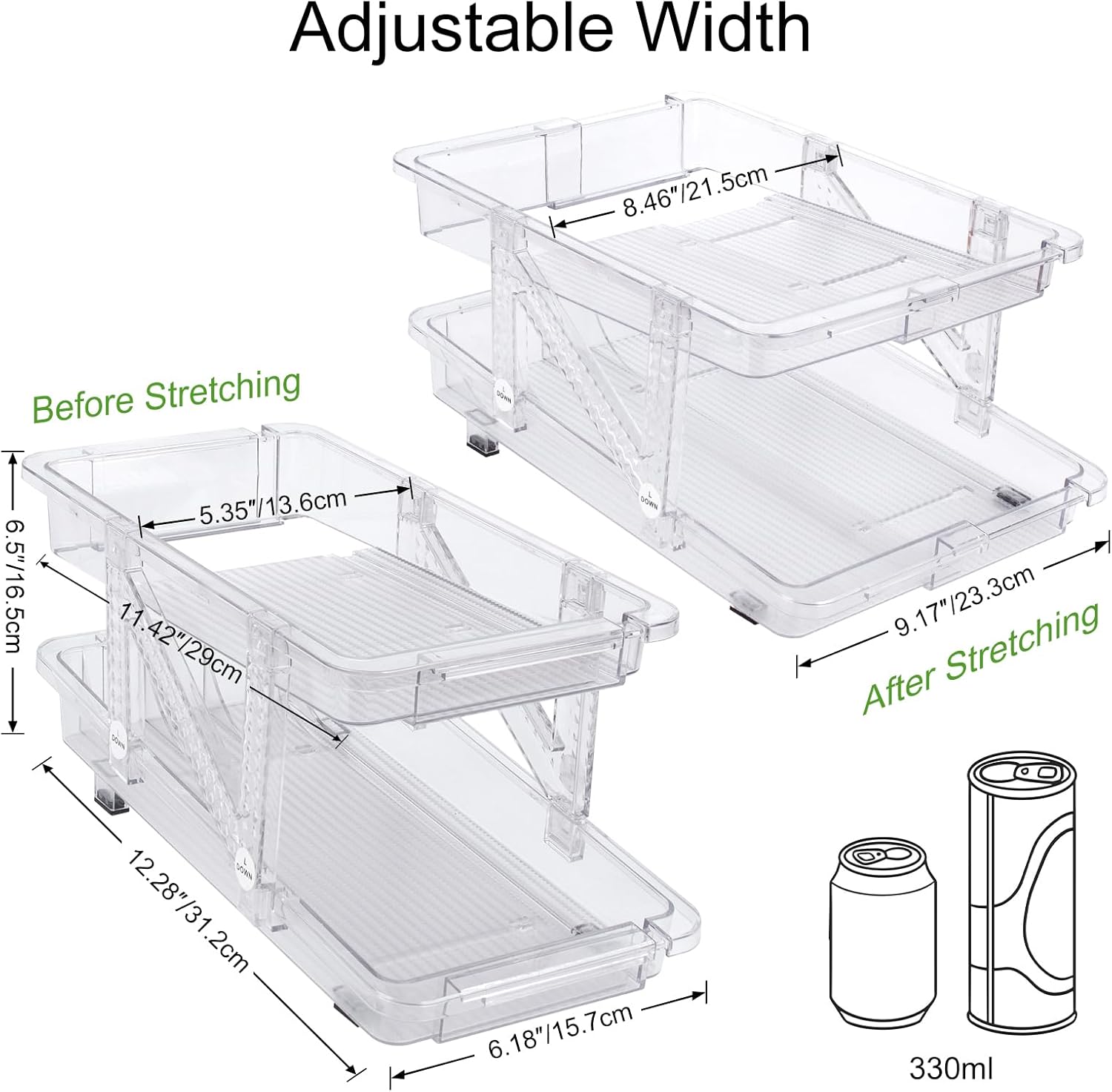 2 Pack Drink Organizer for Refrigerator, Soda Can Dispenser, Adjustable Width Canned Food Pop Cans Container Beverage Holder for Fridge Organizing, Clear Plastic Storage Bins