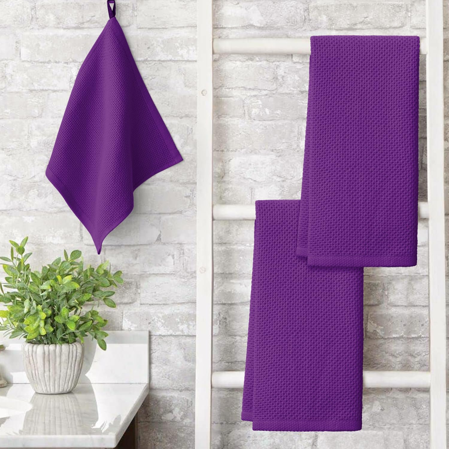 Artoid Mode 100% Cotton Purple Waffle Weave Kitchen Dish Cloths, 13x28 Inch Ultra Soft Absorbent Quick Drying Kitchen Dish Towels Set of 4