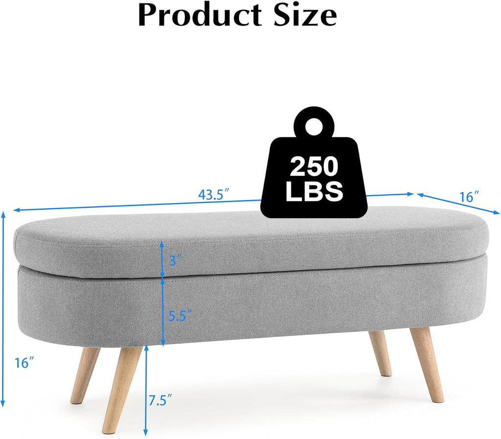 Storage Bench, 43" Storage Ottoman Bench for Bedroom, Upholstered Entryway Benches with Seating, Rubber Wood Legs, Shoe Storages Benches for Bedroom, Living Room, Entryway, Bed Side, Grey