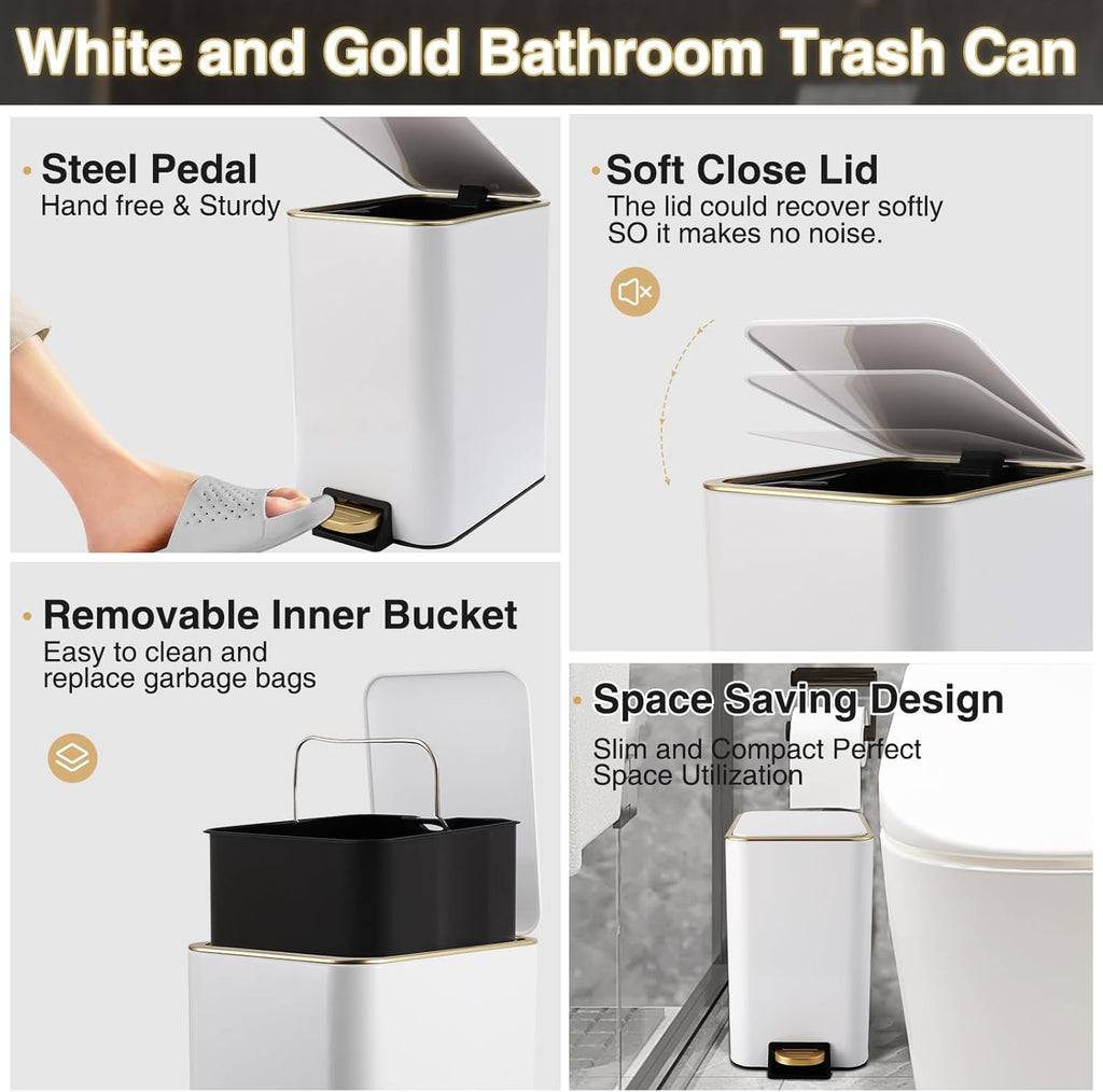 Small Bathroom Trash Can with Lid Soft Close, 1.8 Gallon Stainless Steel Garbage Can with Removable Inner Bucket,75Count Trash Bags, Slim Step Pedal Trash Bins