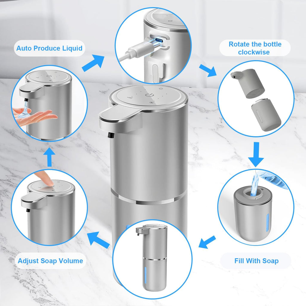 Automatic Foaming Soap Dispenser - Hand Free Pump Touchless Soap Dispenser USB Rechargeable Dispenser with 380ml, 4levels Adjustable Dispenser for Bathroom Kitchen