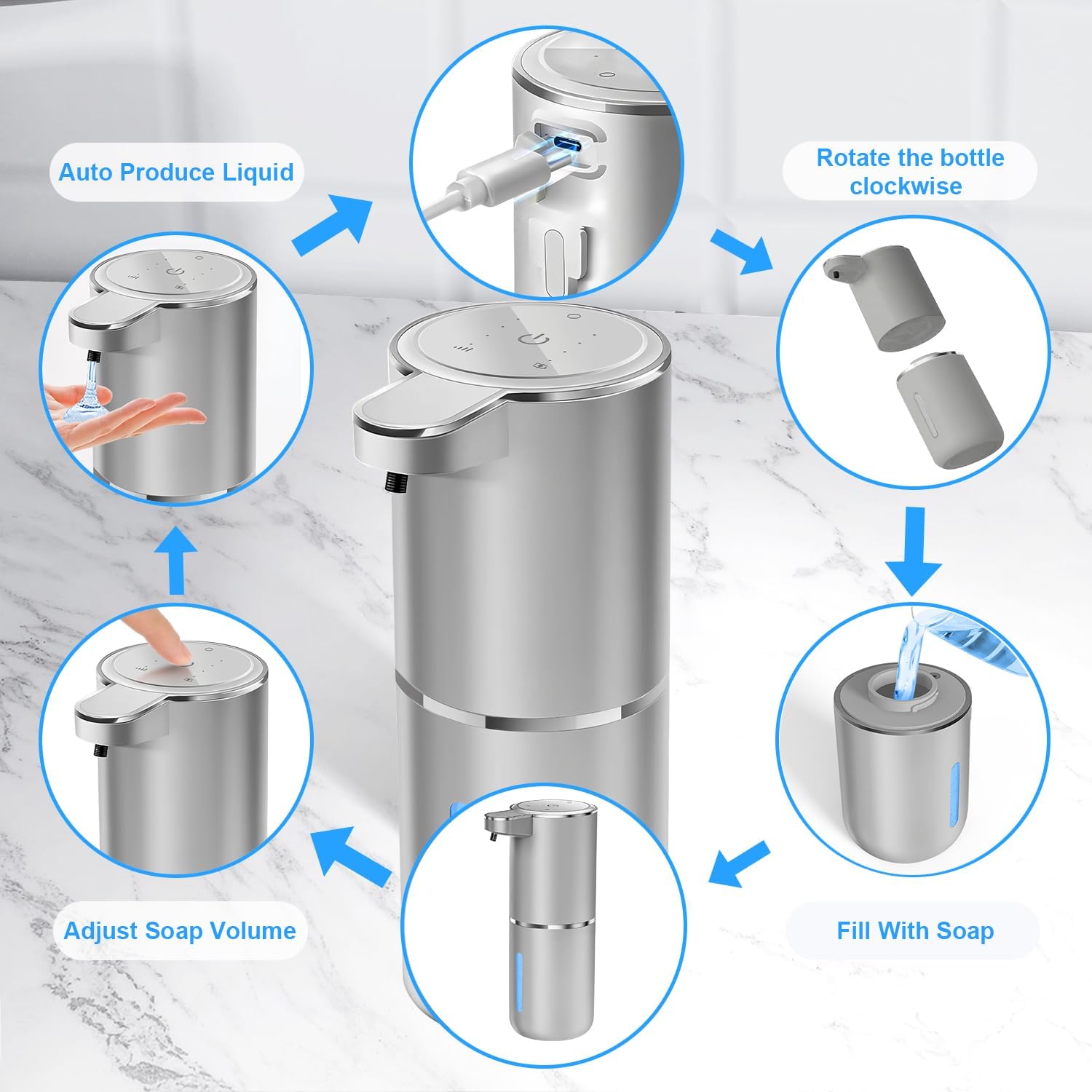 Automatic Foaming Soap Dispenser - Hand Free Pump Touchless Soap Dispenser USB Rechargeable Dispenser with 380ml, 4levels Adjustable Dispenser for Bathroom Kitchen