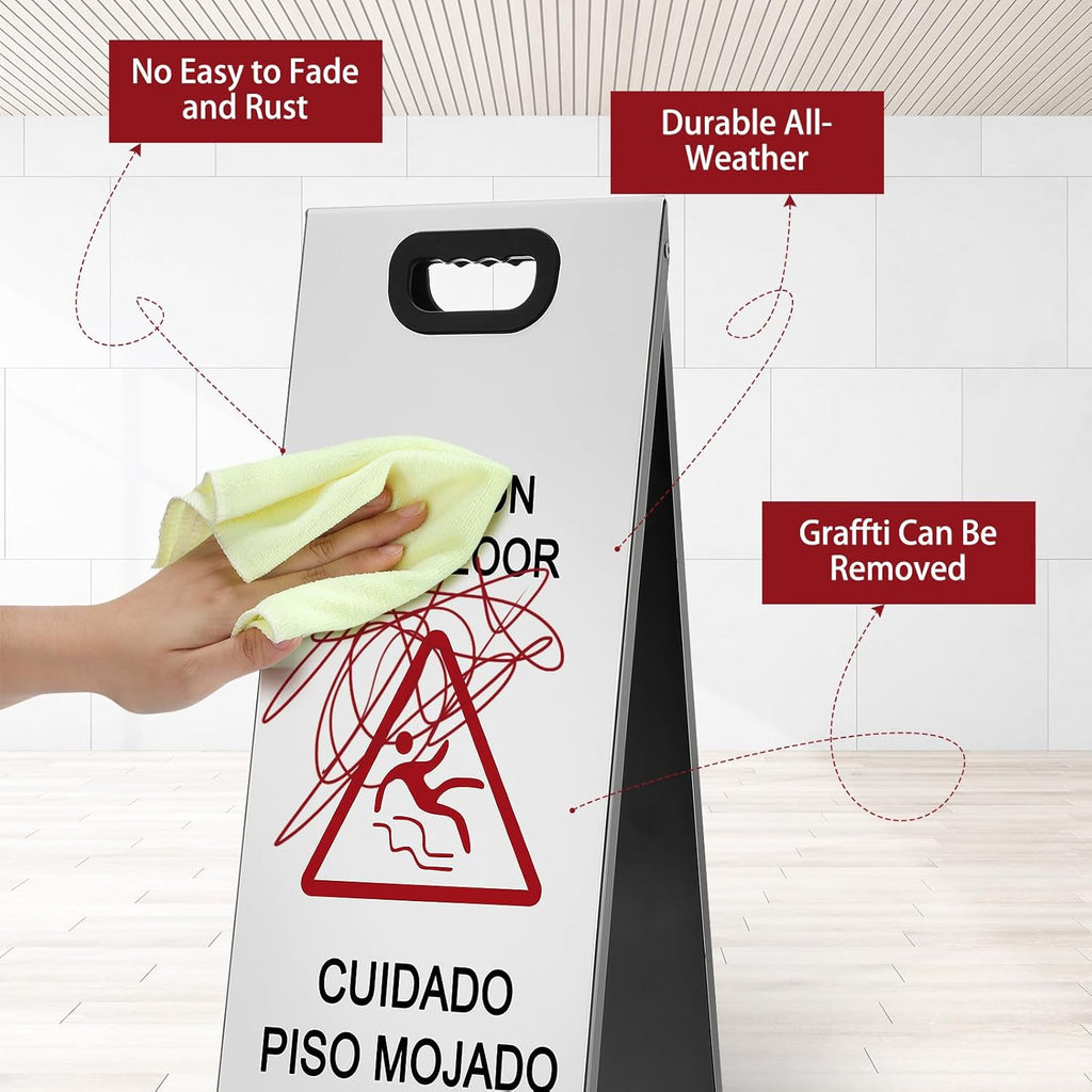 2 Pcs 24 Inch Stainless Steel Wet Floor Sign, Heavy Duty Caution Wet Floor Sign Double Sided Portable Foldable Bilingual Safety Warning for Restaurant Restroom Office Avoid Fall(Silver)