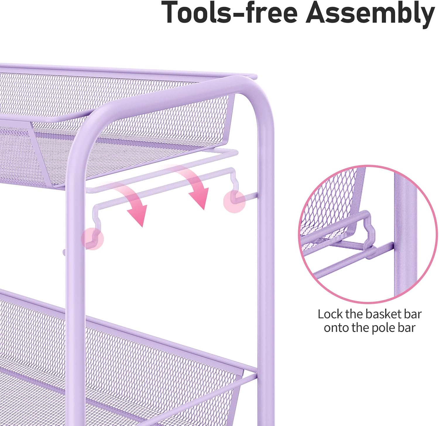 TOOLF 3-Tier Metal Rolling Cart, Mesh Wire Easy Assemble Utility Cart, Storage Trolley on Wheels with 3 Hooks, MetalStorage Shelving Units for Kitchen Bathroom Laundry Room