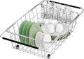 Large Sink Dish Drying Rack, Expandable 304 Stainless Steel Metal Dish Drainer Rack Organizer Shelves with Stainless Steel Utensil Holder Over Inside Sink, Rustproof