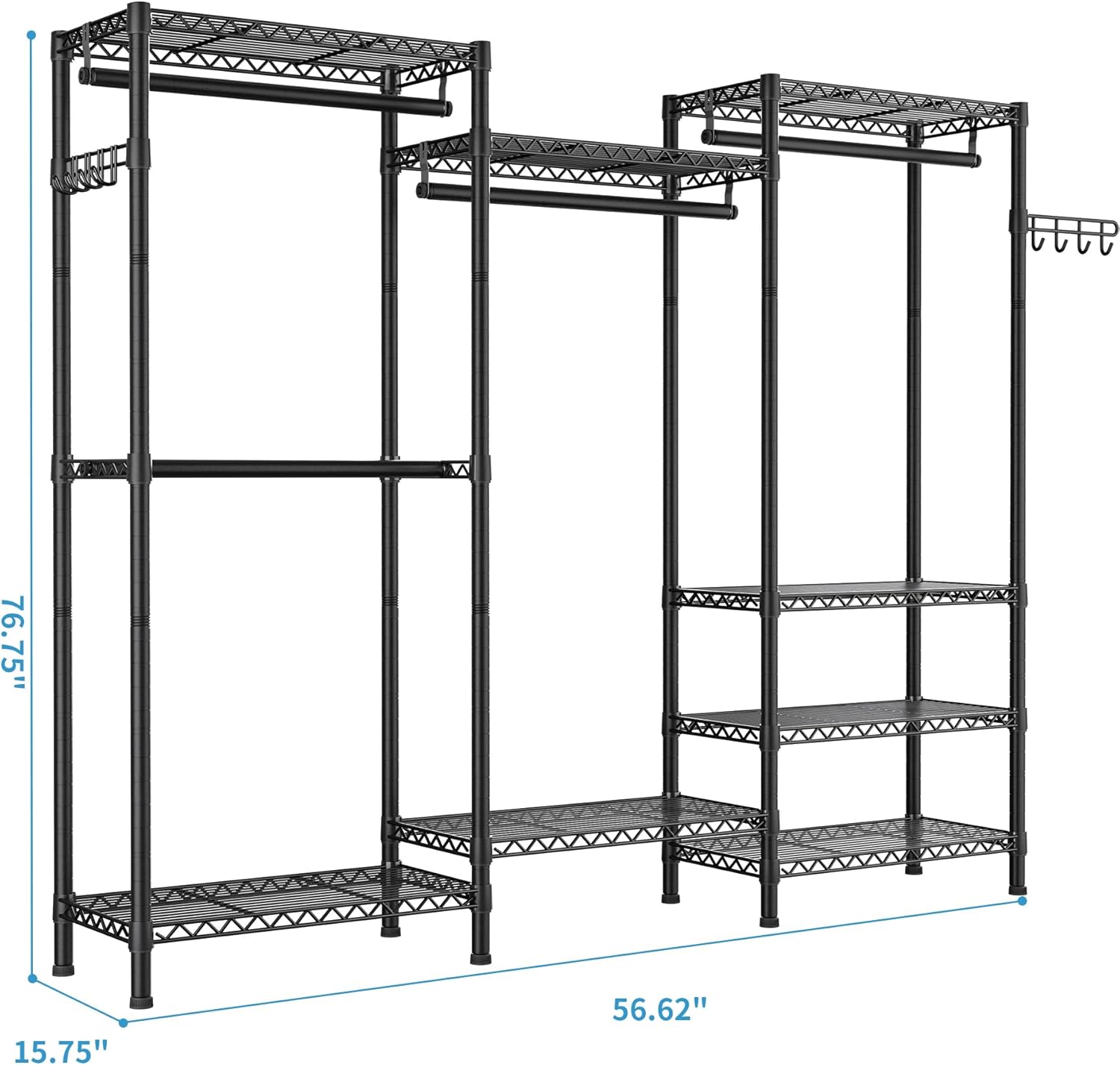 Heavy Duty Garment Rack Large Clothes Rack,Freestanding Closet Portable Clothing Rack with 8 Adjustable Wire Shelves and 4 Hang Rods,Metal Closet Storage Wardrobe Organizer System,Max Load 800lbs