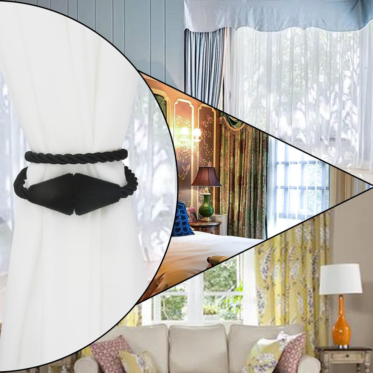 6 Pack Magnetic Curtain Tiebacks Rope Modern Handmade Curtain Tie Backs Decorative Drapes Weave Holdbacks for Window Décor, Black