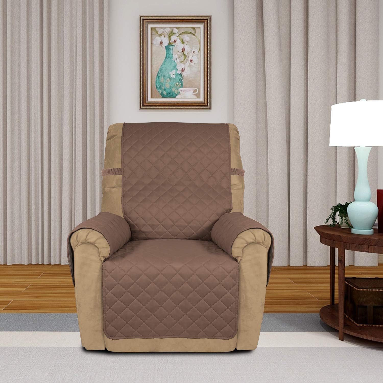 PureFit Reversible Quilted Sofa Cover, Water Resistant Slipcover Furniture Protector, Washable Couch Cover with Non Slip and Elastic Straps for Kids, Dogs, Pets (Small Recliner, Brown/Beige)