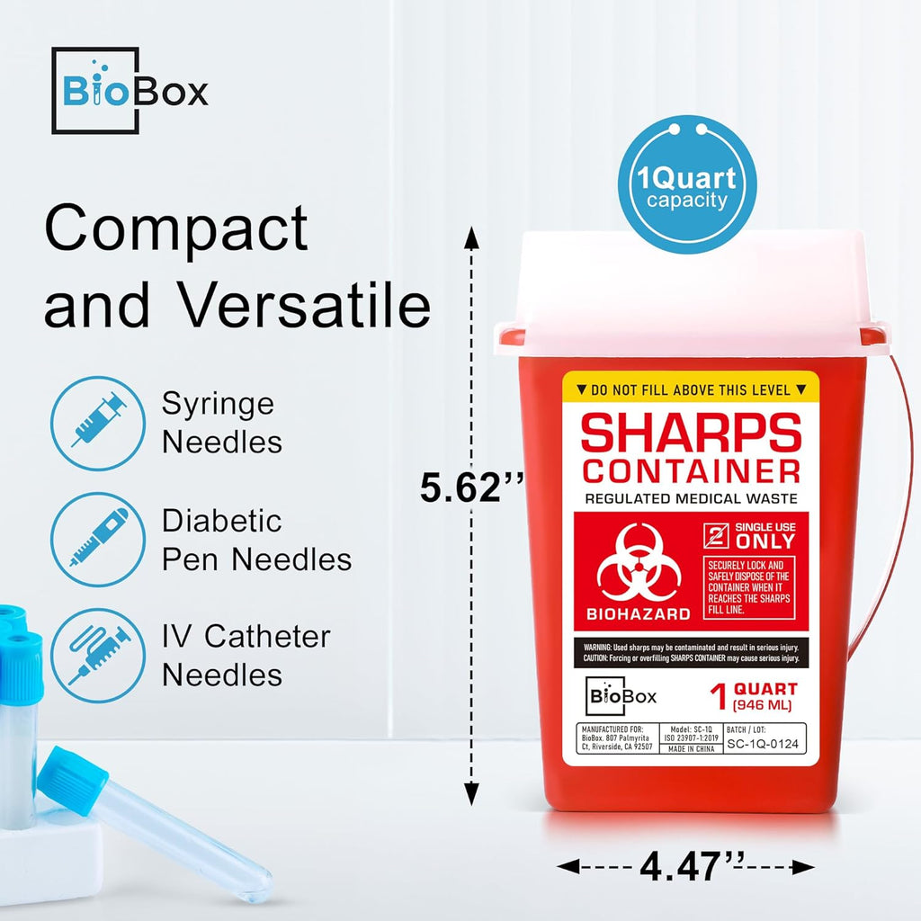 Sharps Container Large - Sharps Containers for Home Use and Labs - Portable Needle Disposal and Travel Size Biohazard Bin - 1 Quart (Pack of 3)