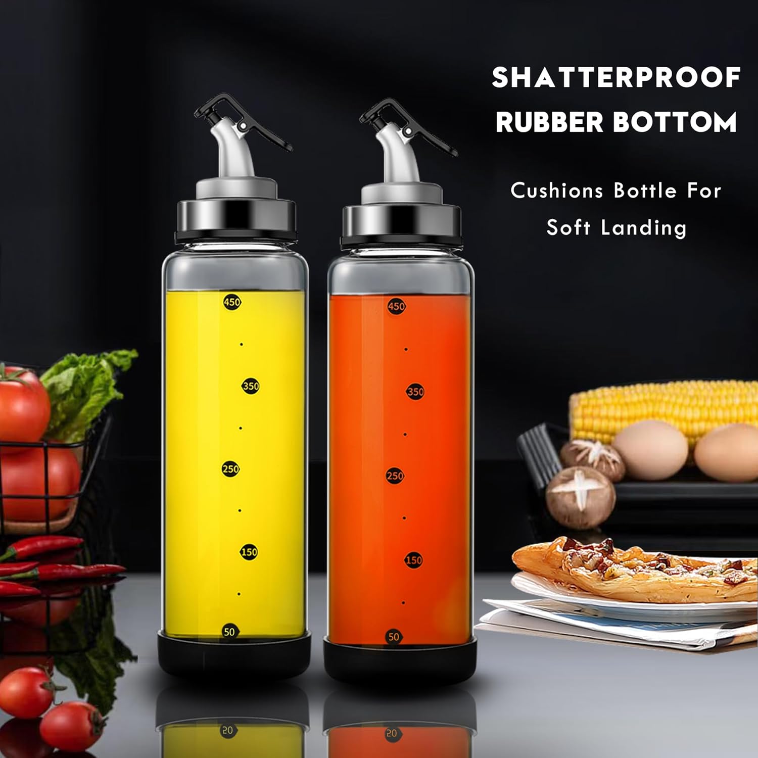 Olive Oil Dispenser Bottle for Kitchen Shatterproof Glass Bottle with Leakproof Pourer Spout & Rubber Bottom 17 oz Oil and Vinegar Dispenser Set of 2 Olive Oil Bottle for Cooking
