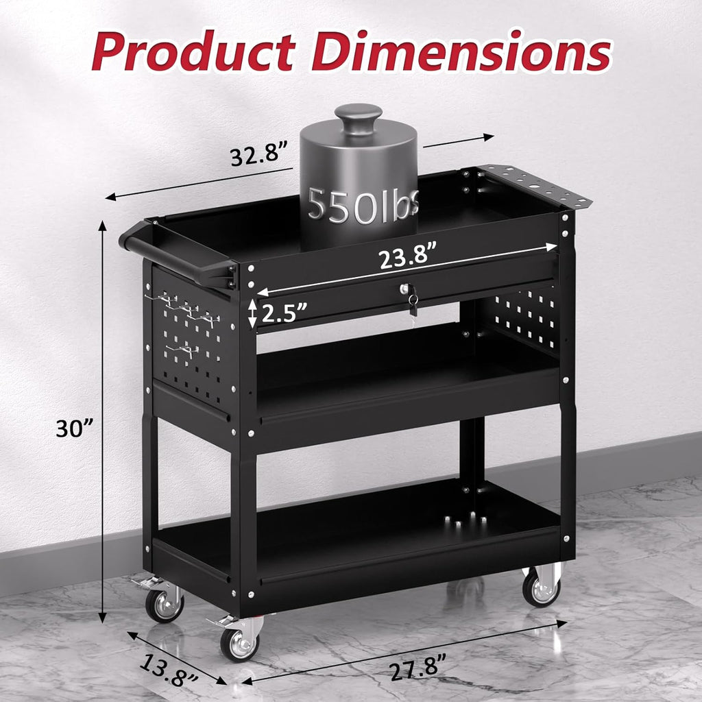3 Tier Rolling Tool Cart on Wheels, Heavy Duty Service Cart Industrial Utility Cart with Drawer and Screwdriver Rack Pegboard, 550 LBS Mobile Tool Storage Organizer for Garage, Workshop(Black)