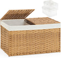 Storage Basket with Lid Rattan Woven Storage Baskets with 2 Separate Lids, 17.2 Gallon (65 L), 22 x 13 x 13.8 Inches,Foldable, 2 Removable Liner Bags Handles for Bedroom, Laundry Room Natural